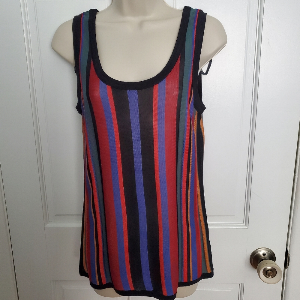 Anne Klein Black Multicolor Vertical Striped Knit Tank Top